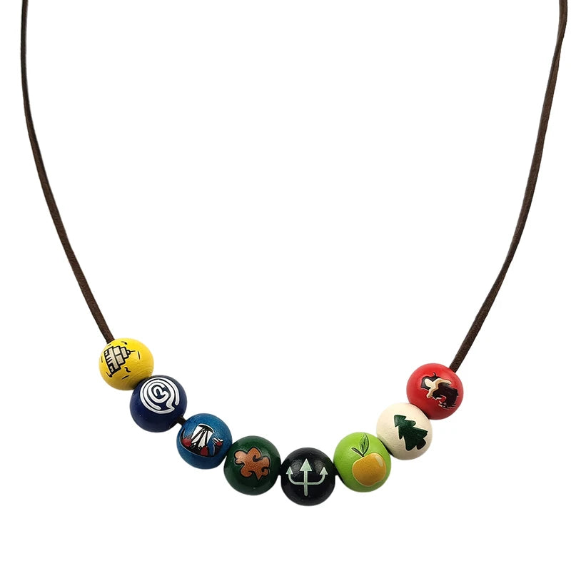 Percy Jackson Wooden Bead Necklace with Hand Painted Symbols Cosplay Jewelry for Fans