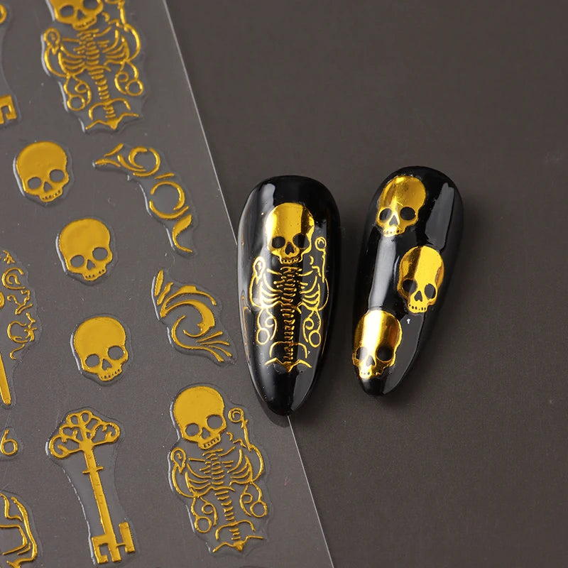 Gothic Golden Skull Nail Art Stickers Halloween Self-Adhesive Decals for Nails