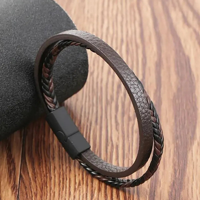 Men's Multi-Style Double Layer Magnetic Leather Bracelet - Elegant Business Gift