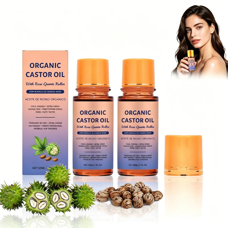 Organic Castor Oil with Rose Quartz Roller - Cold Pressed, Hydrating Skin Care Oil