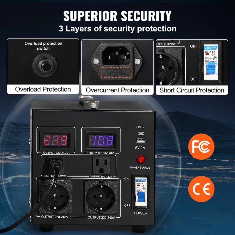 Heavy Duty Voltage Converter Transformer 2000VA-5000VA with US & EU Outlets and USB Port