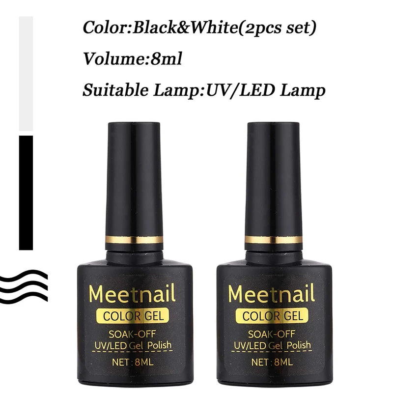 2-Pack Black White Nail Gel Polish Set 8ml Semi-Permanent UV LED Varnish for Manicure