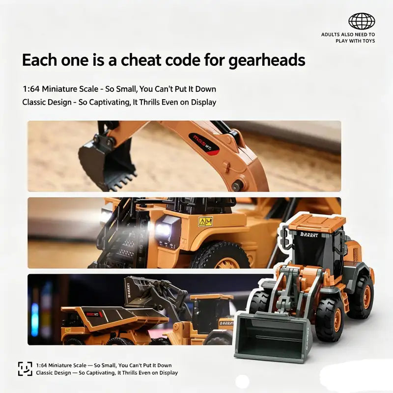 1/64 Scale Remote Control Construction Vehicles Set - Bulldozer Excavator Forklift RC Toy for Ages 14+