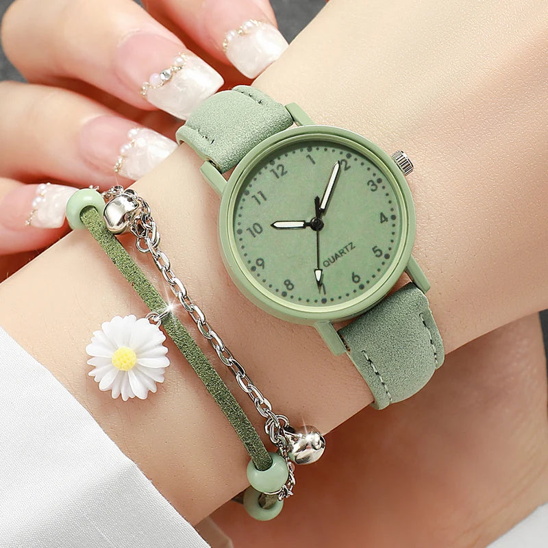 Women’s Fashion Quartz Watch and Bracelet Set with Leather Strap - Multiple Colors