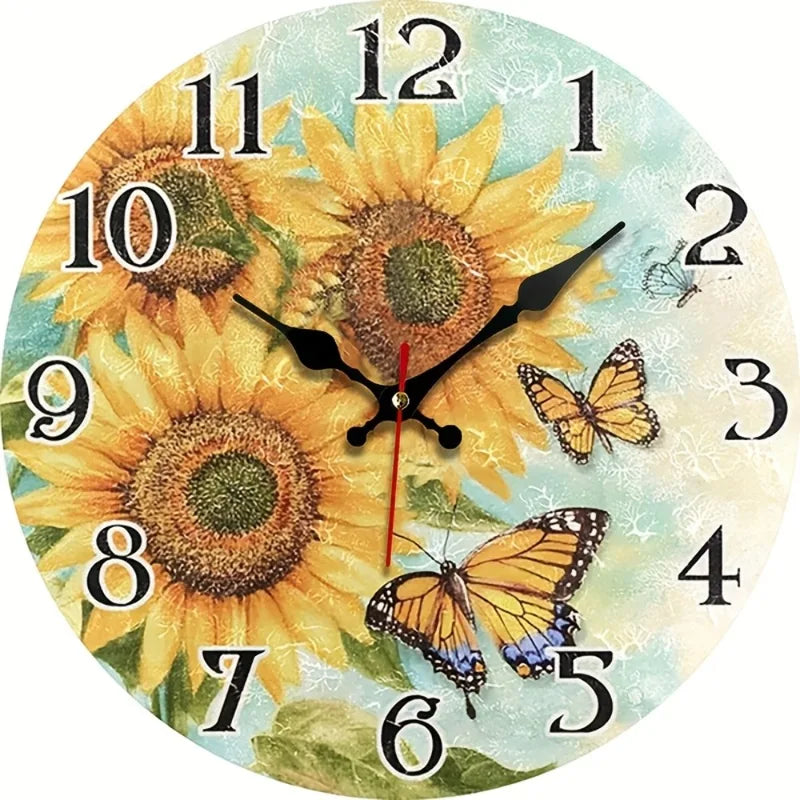 Silent 12-Inch Wall Clock with Sunflower & Butterfly Design - Battery Operated Home Decor