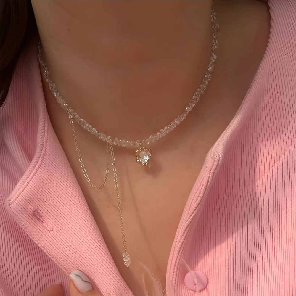 Irregular Stone Choker Necklace for Women Tassel Heart Pendant Jewelry Gift