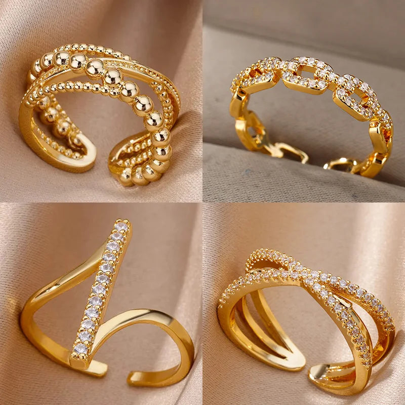 Geometric Zircon Rings for Women Gold Stainless Steel Wedding Party Jewelry Gift