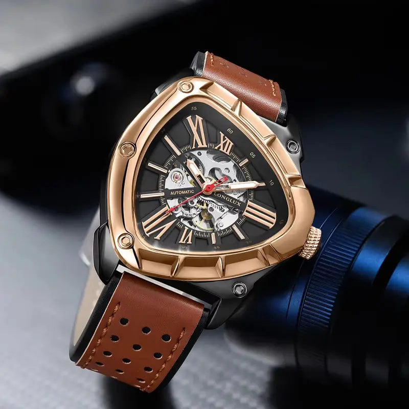 Men's Automatic Skeleton Watch with Leather Strap Waterproof and Luminous Dial