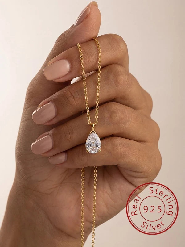 Sterling Silver Pear Shape Zircon Necklace for Women Engagement Wedding Minimalist Jewelry
