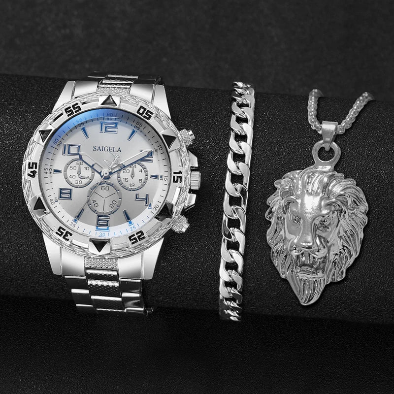 Men's Fashion Quartz Watch Set with Bracelet and Necklace - Mystery Blind Box, 3 Pieces