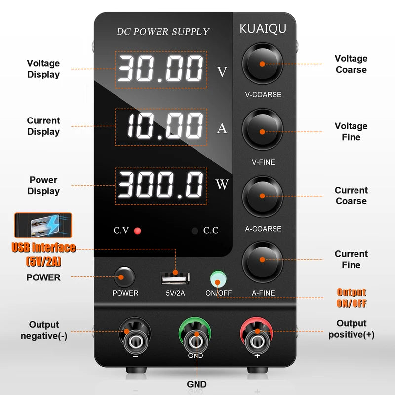 Adjustable DC Power Supply 30V 10A Lab Bench Power Regulator with Digital Display