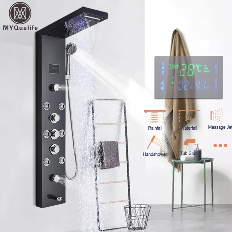 LED Shower Panel Waterfall Rain Digital Display Faucet Set SPA Massage Tower