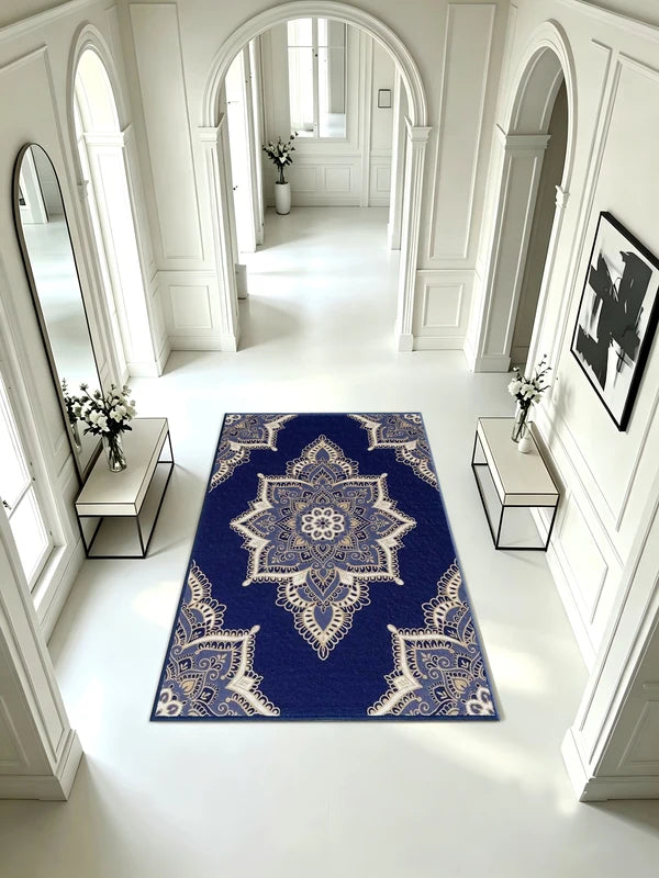 Bohemian Floral Medallion Area Rug - Navy Blue Indoor Floor Mat, Multiple Sizes