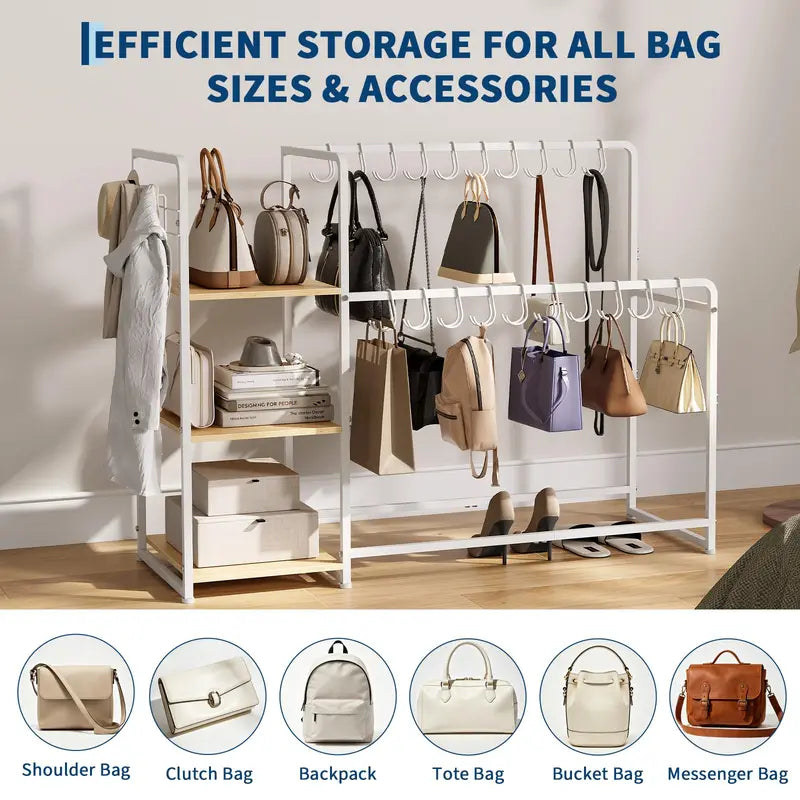 3-Tier Purse Organizer Rack with Wheels and Shelves for Closet Storage