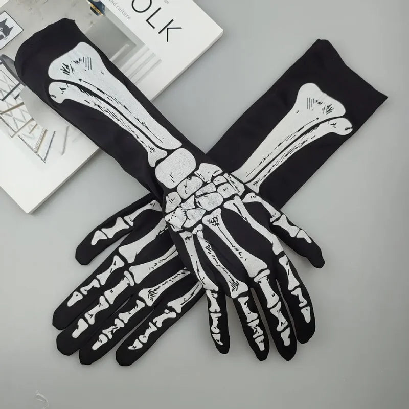 Halloween Skeleton Gloves - Dark Skeleton Pattern, Long Costume Gloves for Party & Cosplay