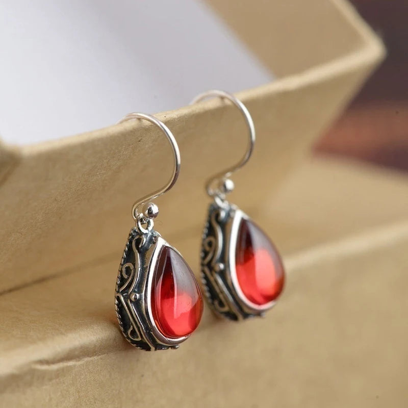 Ethnic Style Drop Earrings for Women with Carved Pattern - Pear Stone Dangle Jewelry