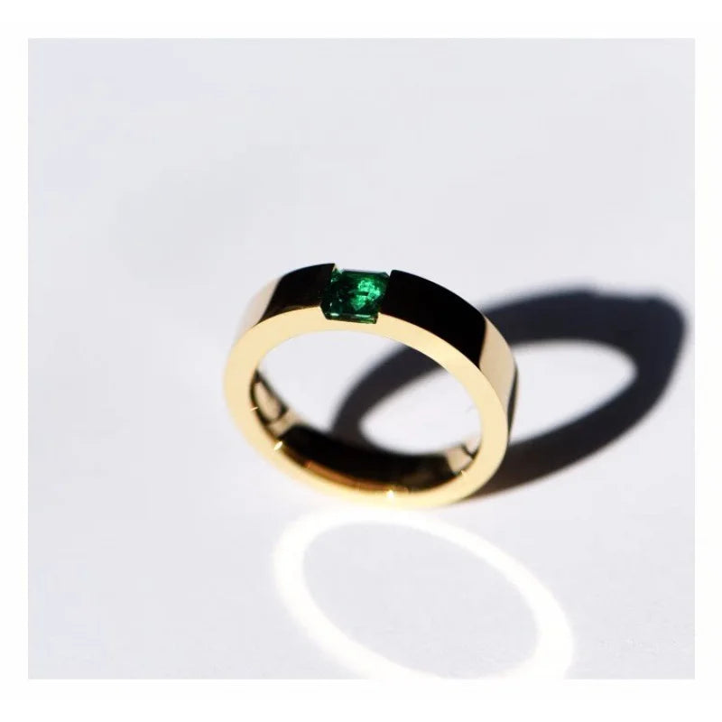 Natural Gemstone Emerald Ring for Women Gold Color Inlaid Green Zircon Stainless Steel Bridal Engagement Jewelry