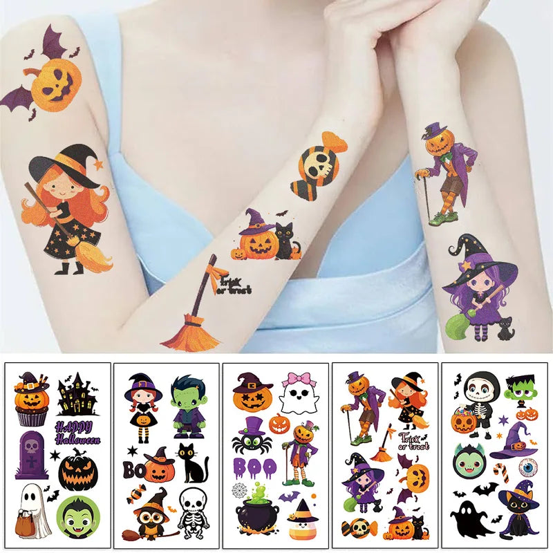 Halloween Pumpkin Tattoo Stickers 10 Sheets Water-Resistant Temporary Body Art Kids Gift