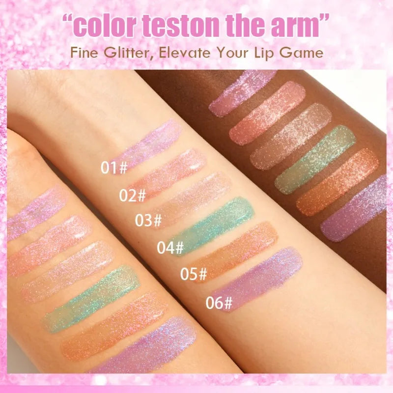 High-Shine Glitter Lip Gloss with Pearlescent Micro-Shimmers and Hydrating Formula