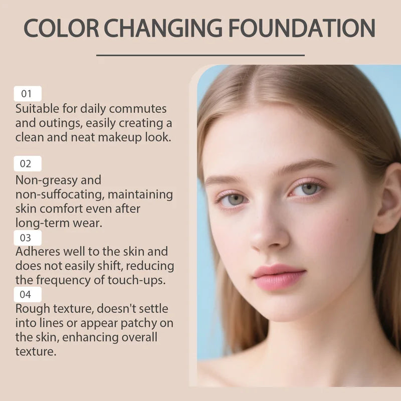 Color Changing Foundation with Long-Lasting Bright Finish - 30g, Natural Skin Tone Adaptation