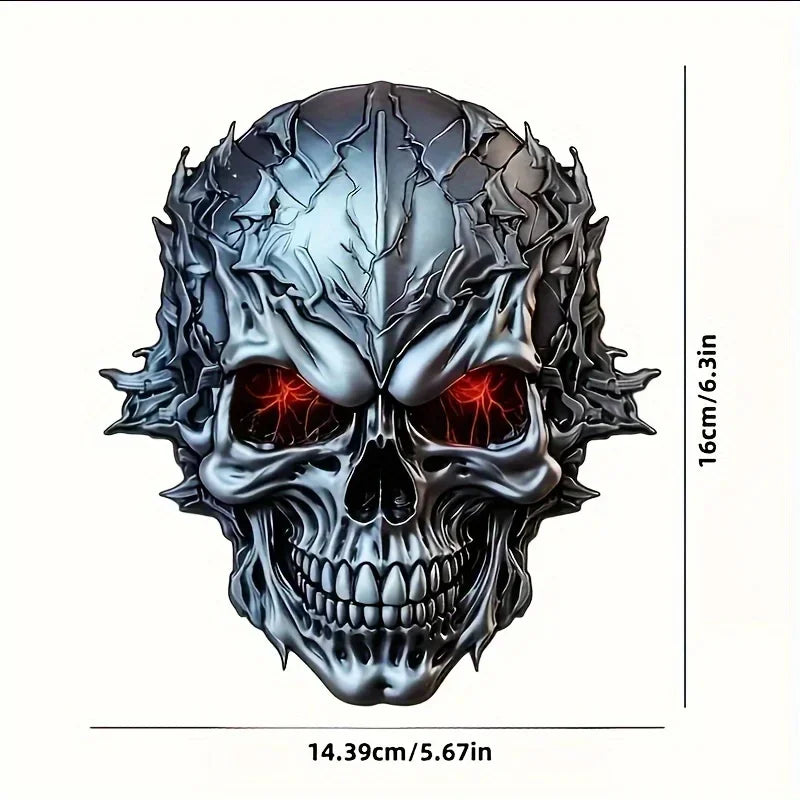Halloween 3D Metal Skull Decal with Red Glowing Eyes - Durable Vinyl Sticker for Cars Motorcycles Bicycles
