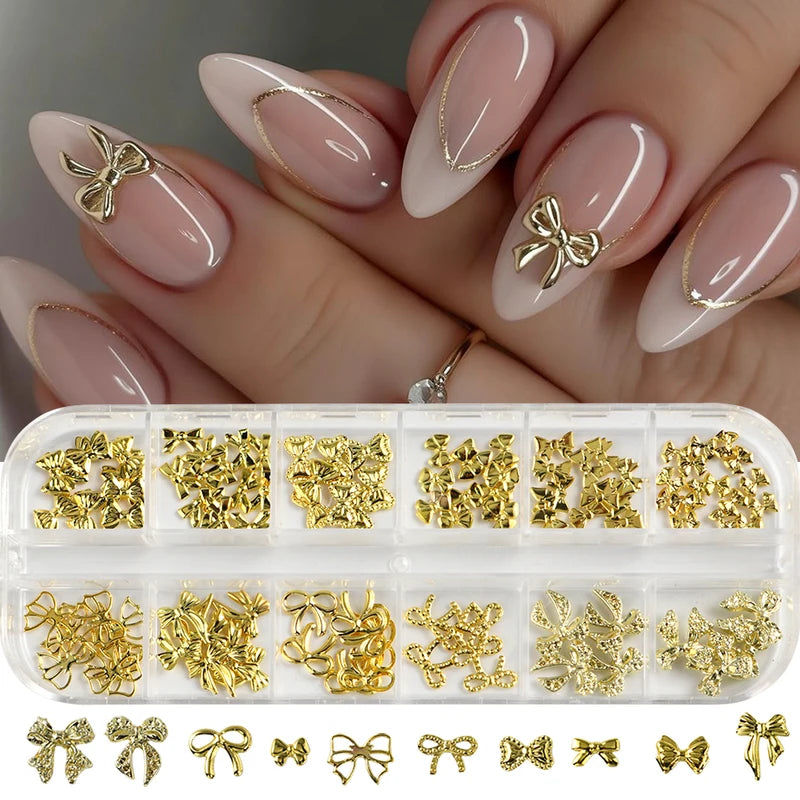 Golden Bow Nail Art Charms Set - 12 Alloy Nail Jewelry Decorations