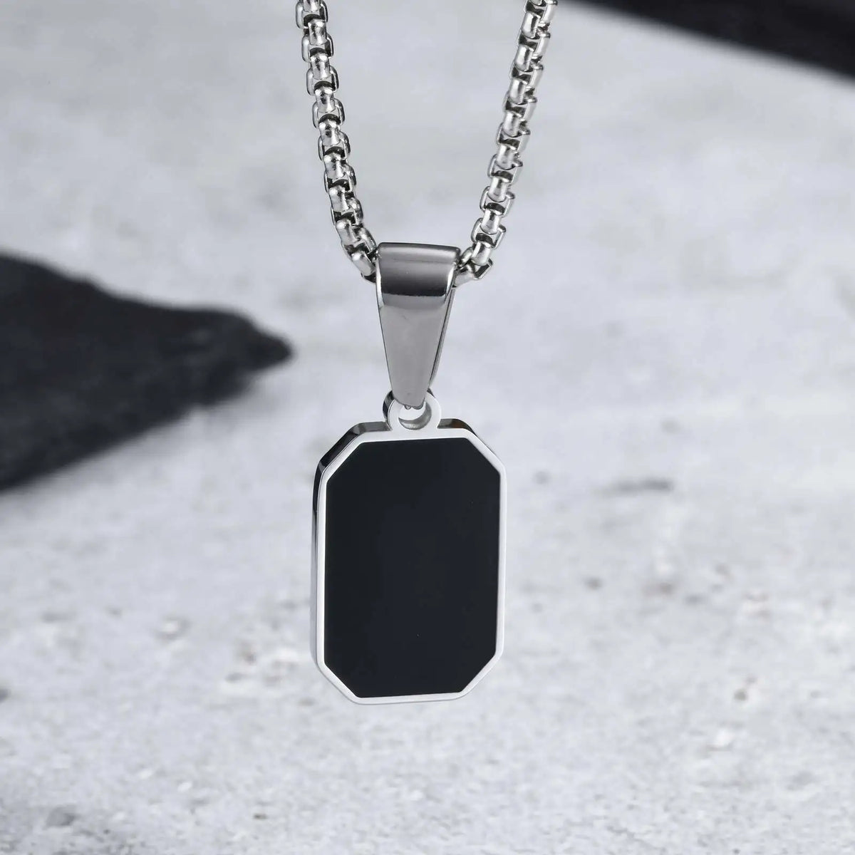 Men's Black Enamel Necklace with Geometric Square Dogtags - Stainless Steel, Anniversary Gift