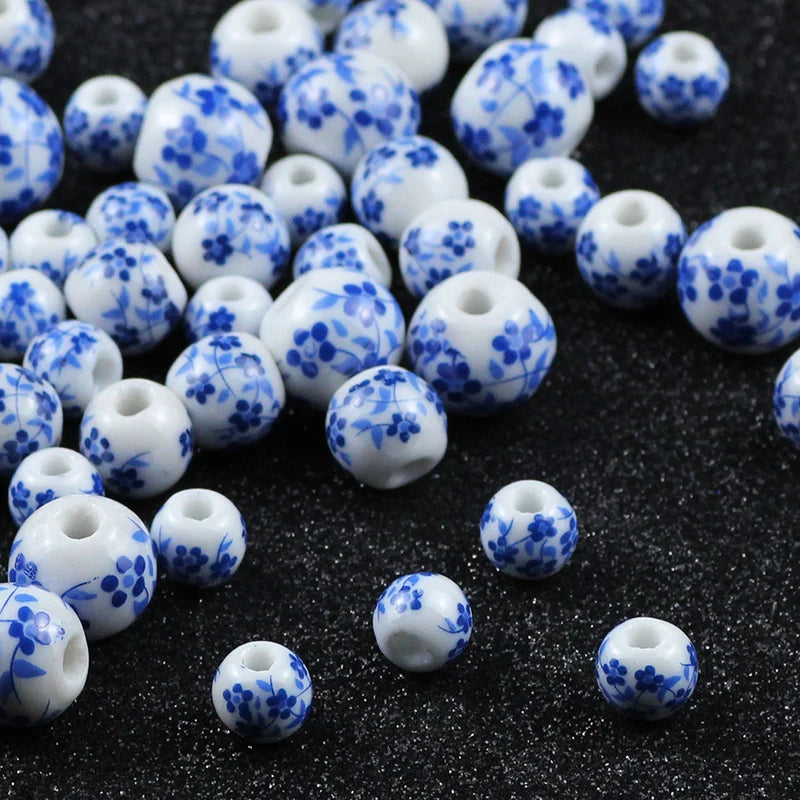 20pcs Vintage Blue and White Orchid Round Ceramic Beads for Jewelry Making