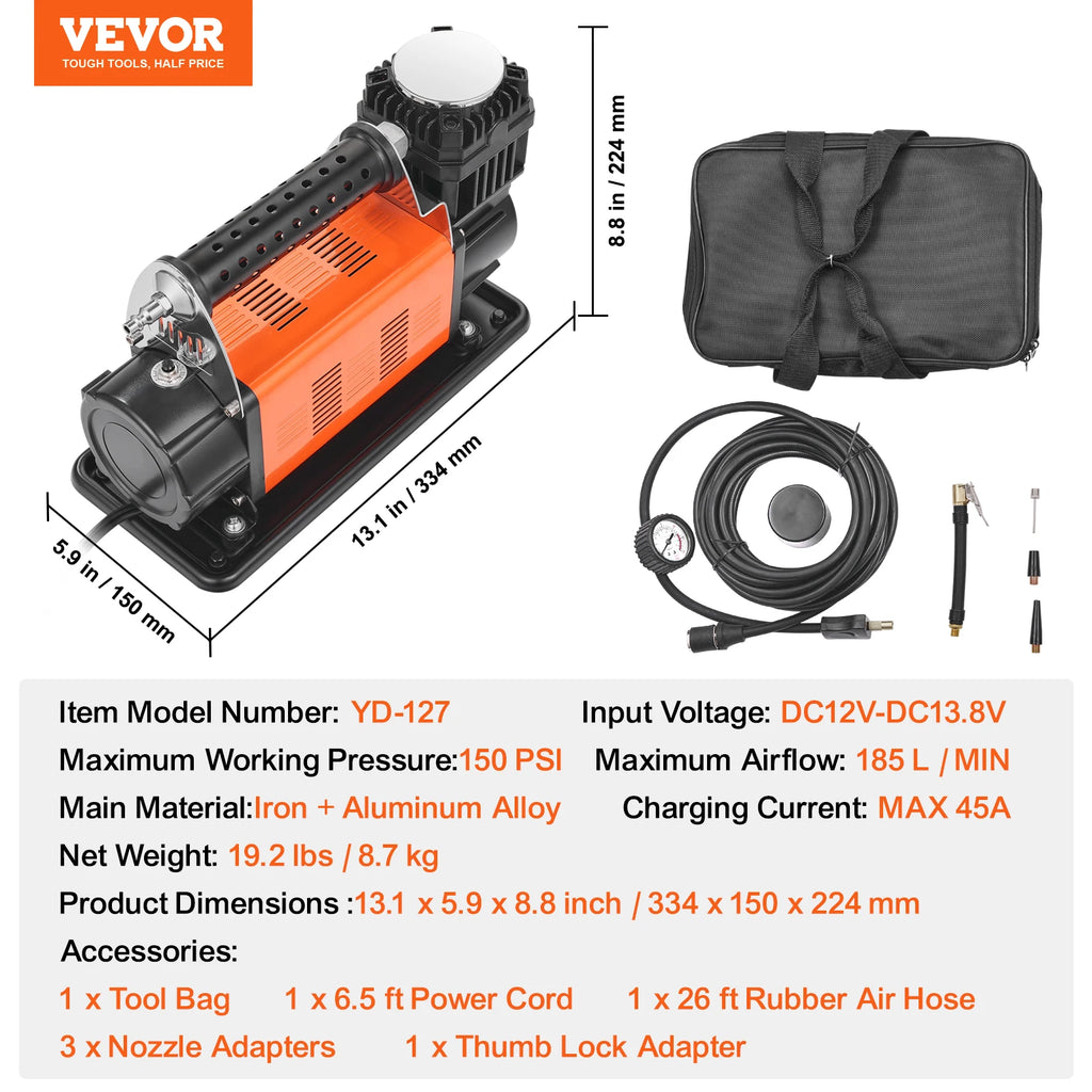 12V Portable Tire Inflator with 150 PSI and 7.06 CFM Heavy Duty Air Compressor