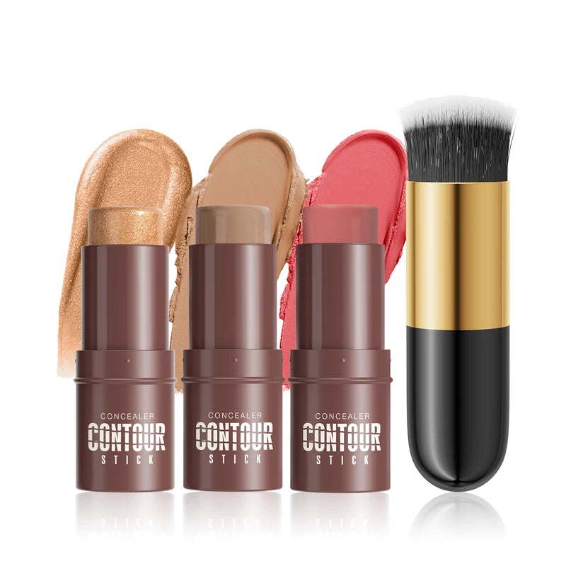4-Piece Contour Stick Makeup Set with Highlighter Blush Bronzer & Golden Powder Brush - Waterproof Cream for All Skin Tones, Shimmery