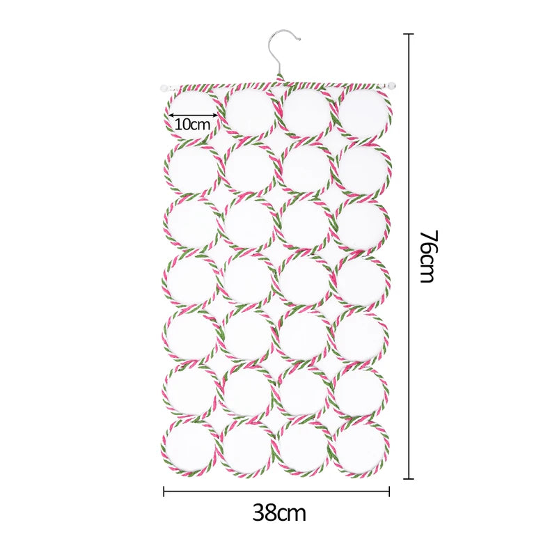 Foldable Scarf Organizer Rack with 28 Rattan-Weave Rings for Wardrobe & Display