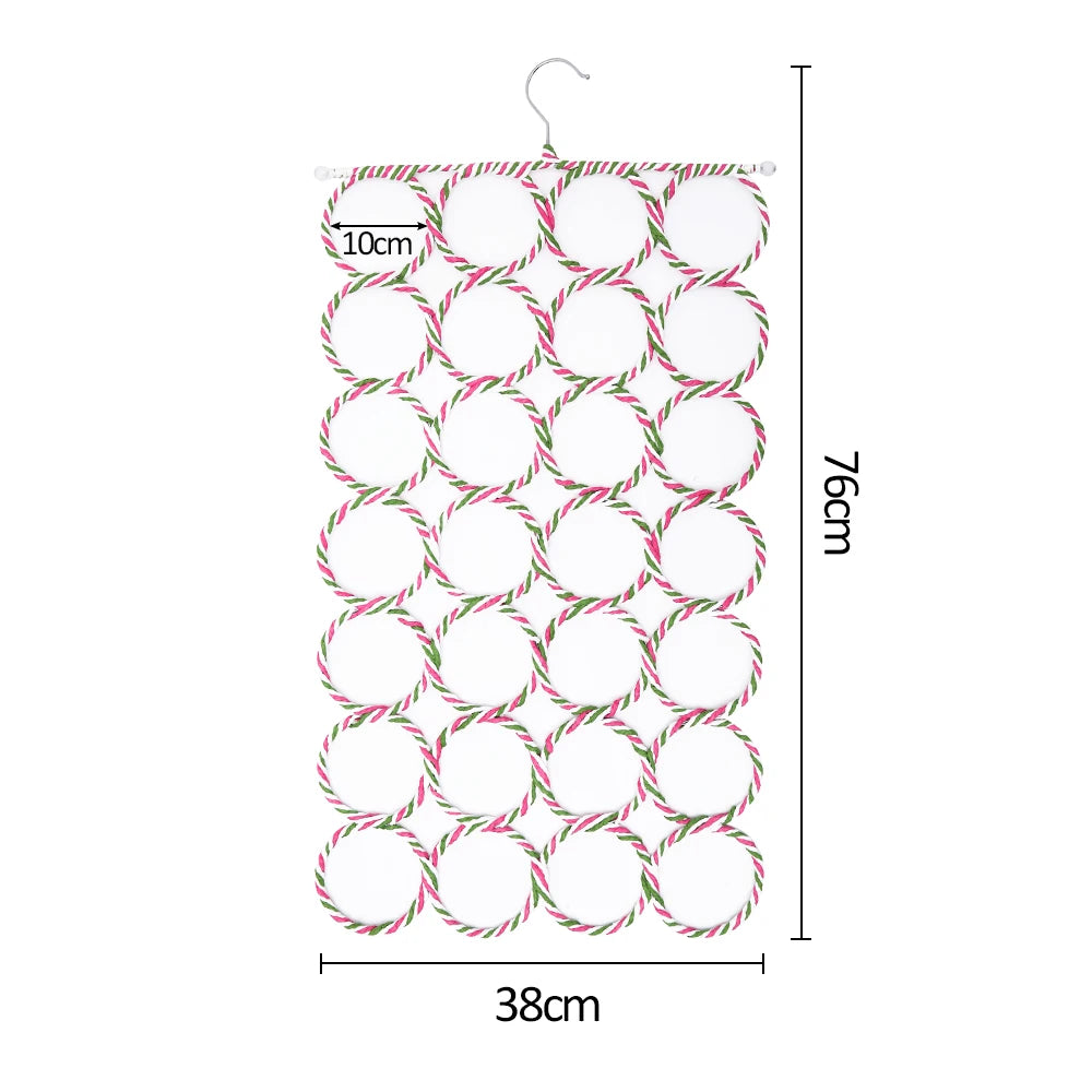 Foldable Scarf Organizer Rack with 28 Rattan-Weave Rings for Wardrobe & Display