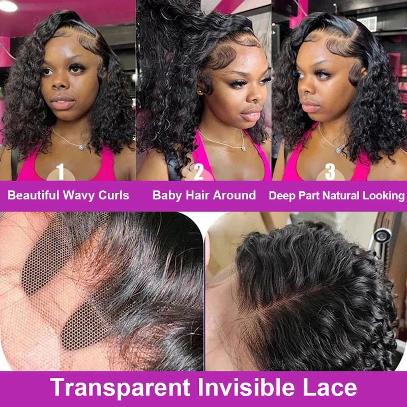 Deep Wave Glueless Human Hair Wigs 13x6 Lace Front Short Bob Style - Natural Black