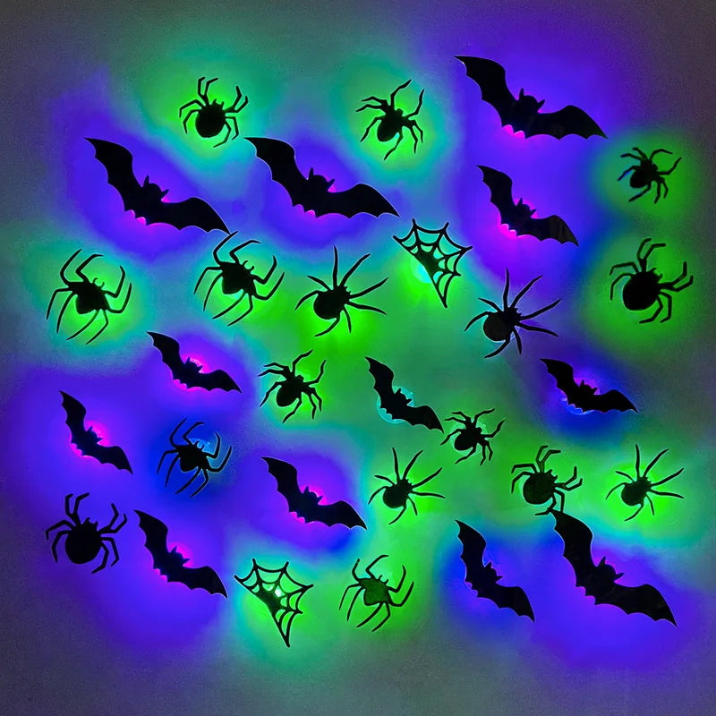 Halloween Bat and Spider Night Light Wall Sticker Set - Purple & Green 3D Decor
