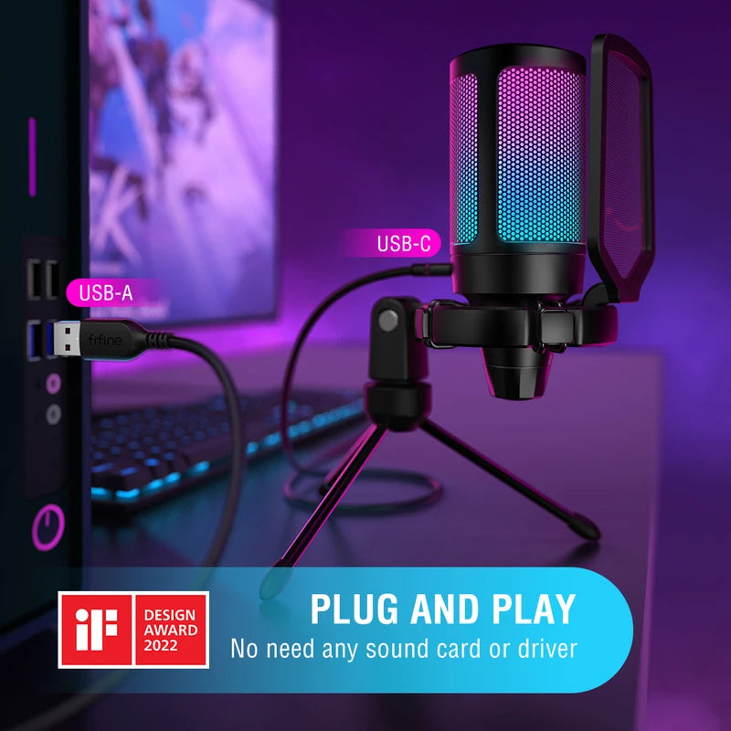 Gaming USB Microphone with Pop Filter Shock Mount & Gain Control for Streaming