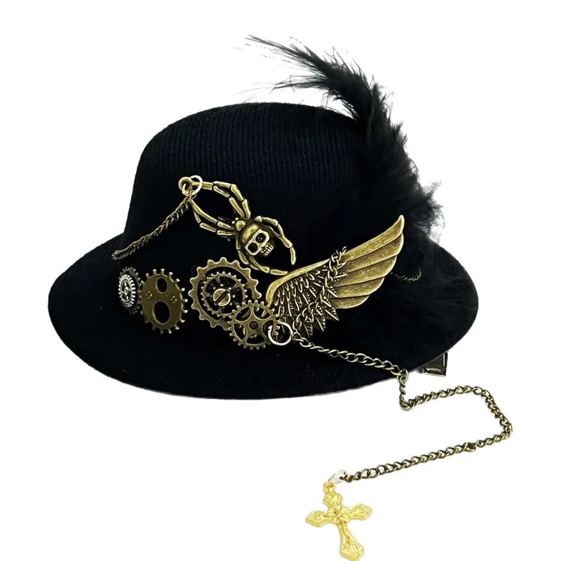 Gothic Mini Top Hat Hair Accessory with Gears Feather Flower for Cosplay & Costume