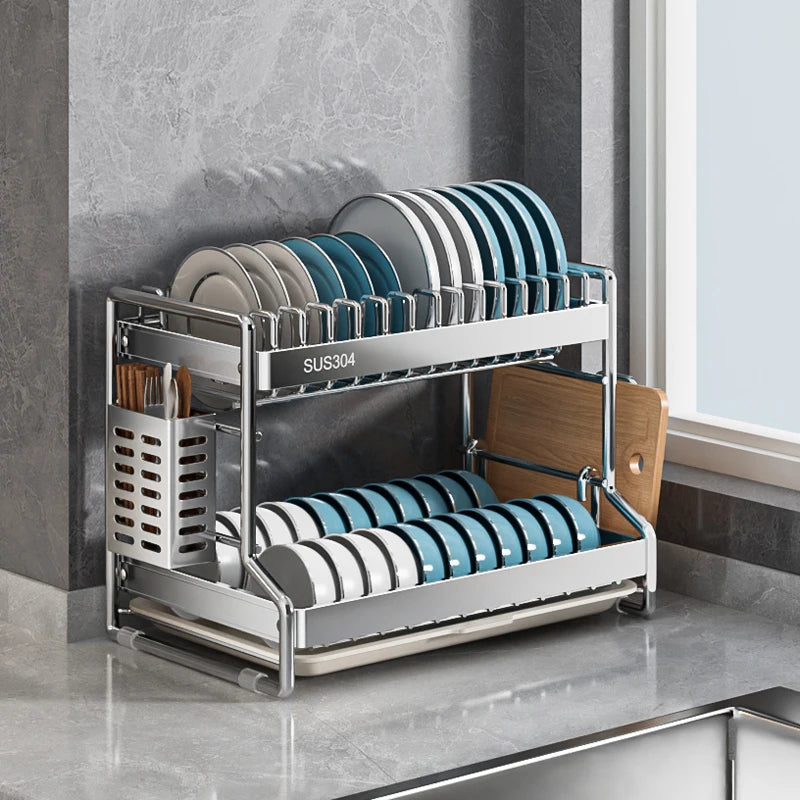 Stainless Steel Kitchen Storage Rack with Multiple Tiers for Plates Bowls Utensils