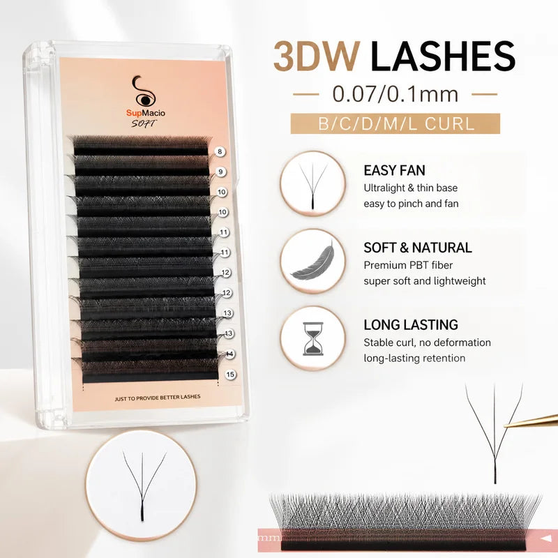 3D W Shape Eyelash Extensions Bundles - Soft, Fluffy, Ready-Made Eyelash Fans