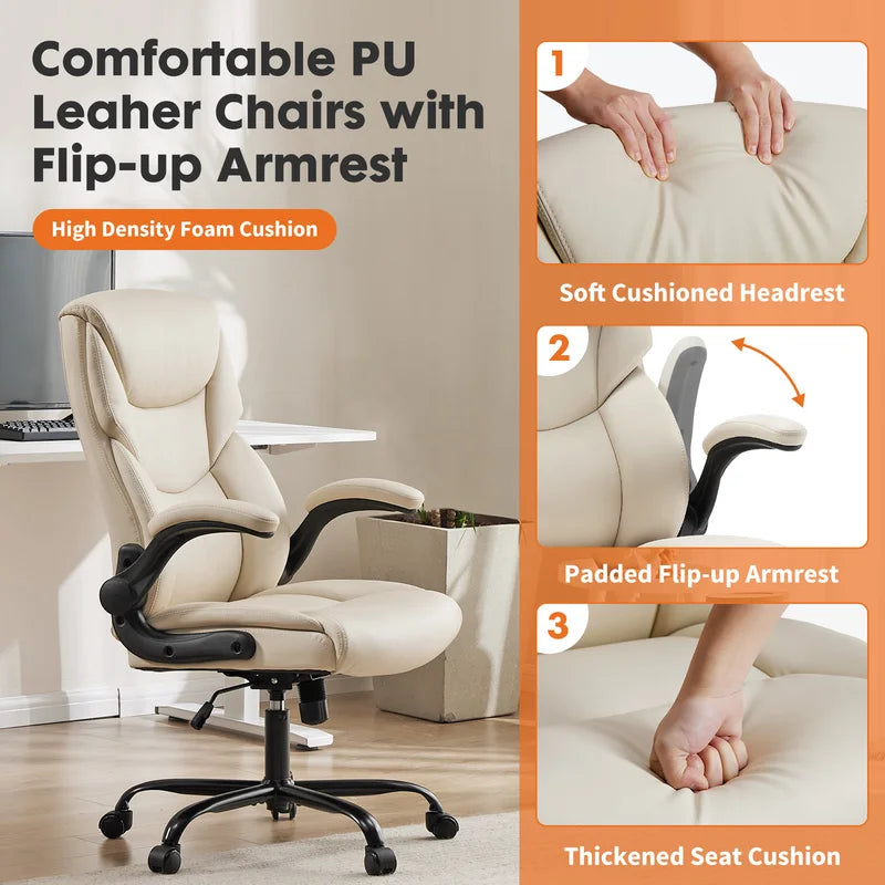 Ergonomic Office Chair with Flip-Up Arms and Adjustable Swivel - Heavy Duty PU Leather Gaming Desk Chair