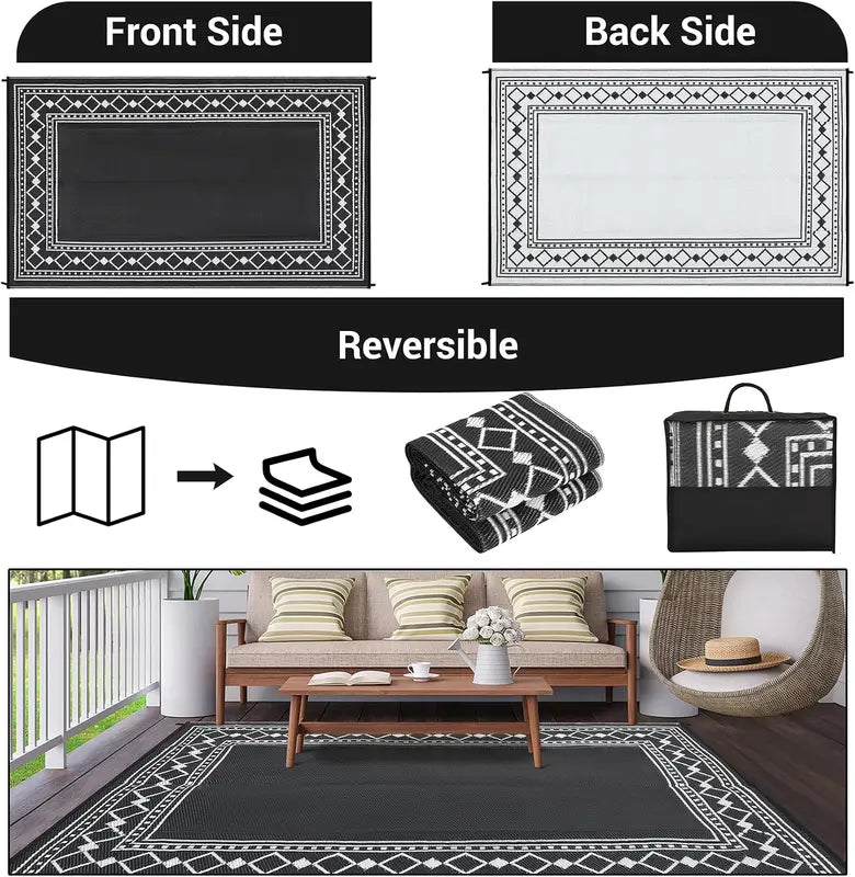 Outdoor Waterproof Reversible Rug 9x18ft for Patio, Deck, RV, Balcony