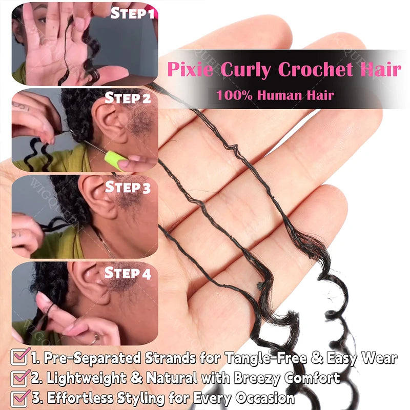 Feather Crochet Human Hair Extensions - Highlight Pixie Curl Bulk Hair with Small Spirals