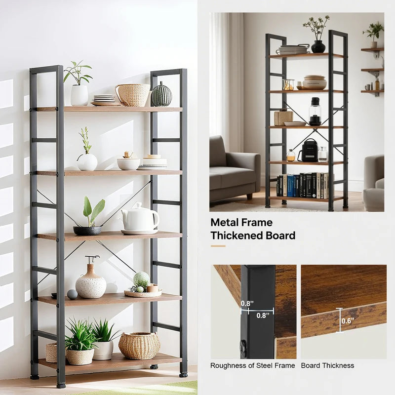 5-Tier Bookshelf Storage Organizer - Vintage Home Office & Living Room Shelving Unit