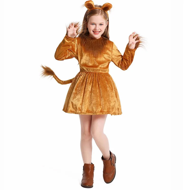 Girls Lioness Halloween Costume Jungle Safari Outfit with Headband - Animal Cosplay
