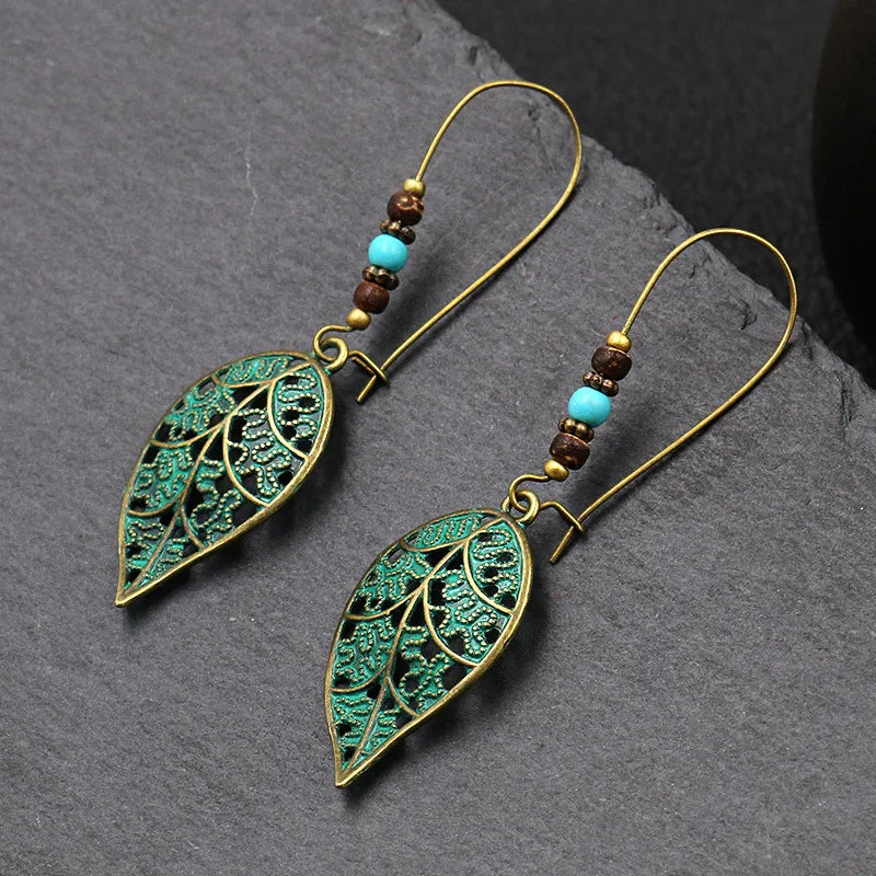 Ethnic Vintage Bohemia Drop Earrings for Women Geometric Leaf Flower Hollow Round Jewelry