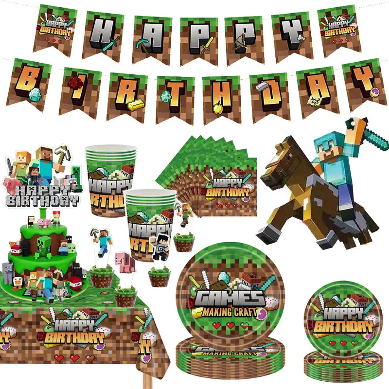 Pixel Birthday Party Decoration Set - Tableware for Halloween & Themed Events