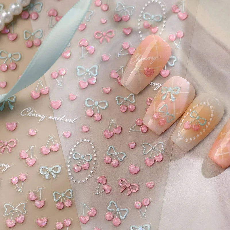 Pink Blue Cherry Bow Nail Art Sticker Set - 5D Self-Adhesive Decals for Manicure