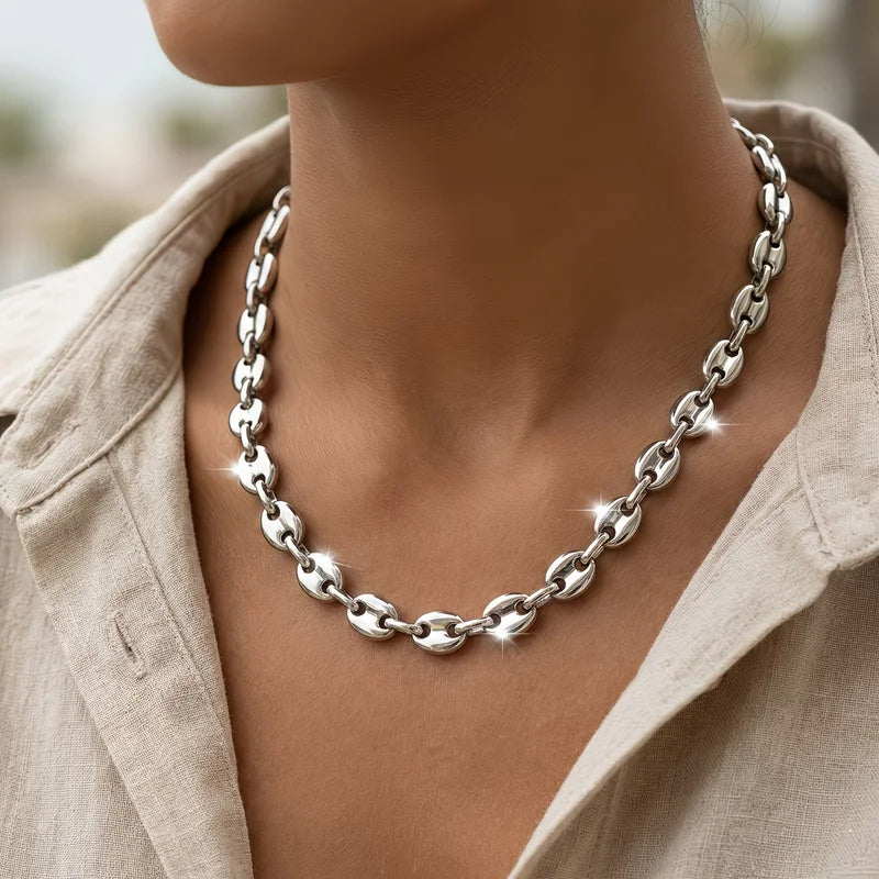 Minimalist Pig Nose Coffee Bean Chain Necklace for Men & Women - Stainless Steel, 45-60cm
