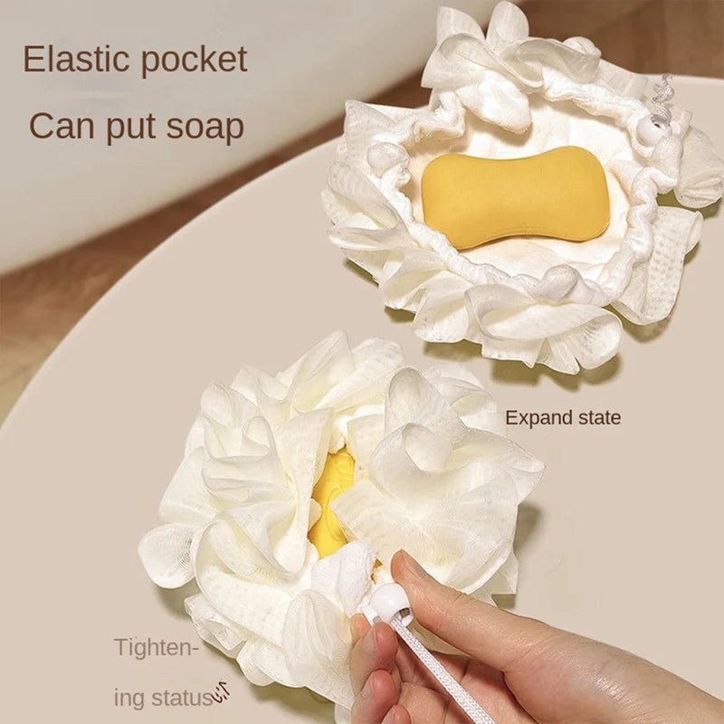 Soft Skin-Friendly Floral Lace Bath Sponge with Soap Storage Bag - 2-in-1 Exfoliator and Shower Accessory