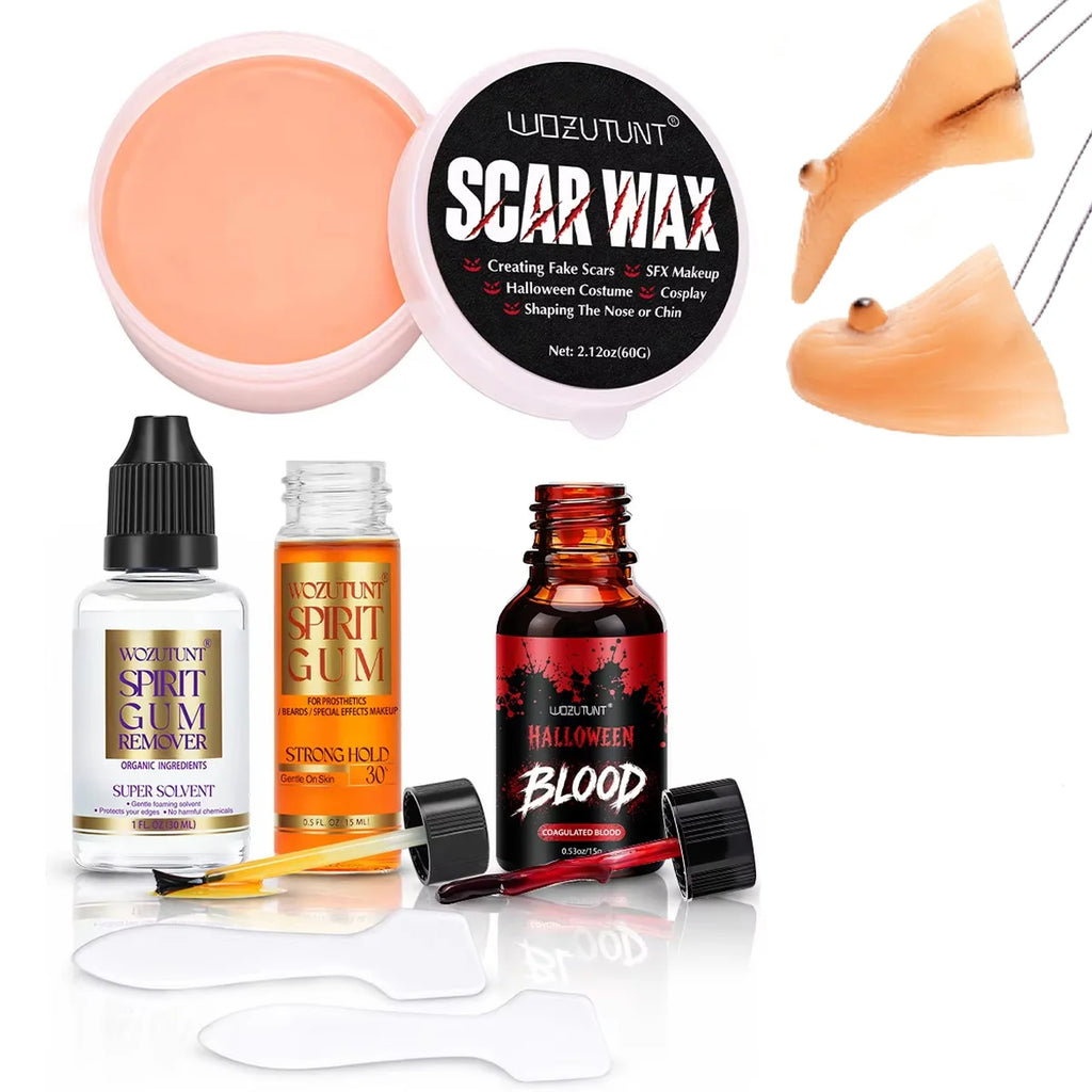 Halloween Makeup Kit with Scar Wax, Spirit Gum, Prosthetic, and Remover - Cosplay & Party
