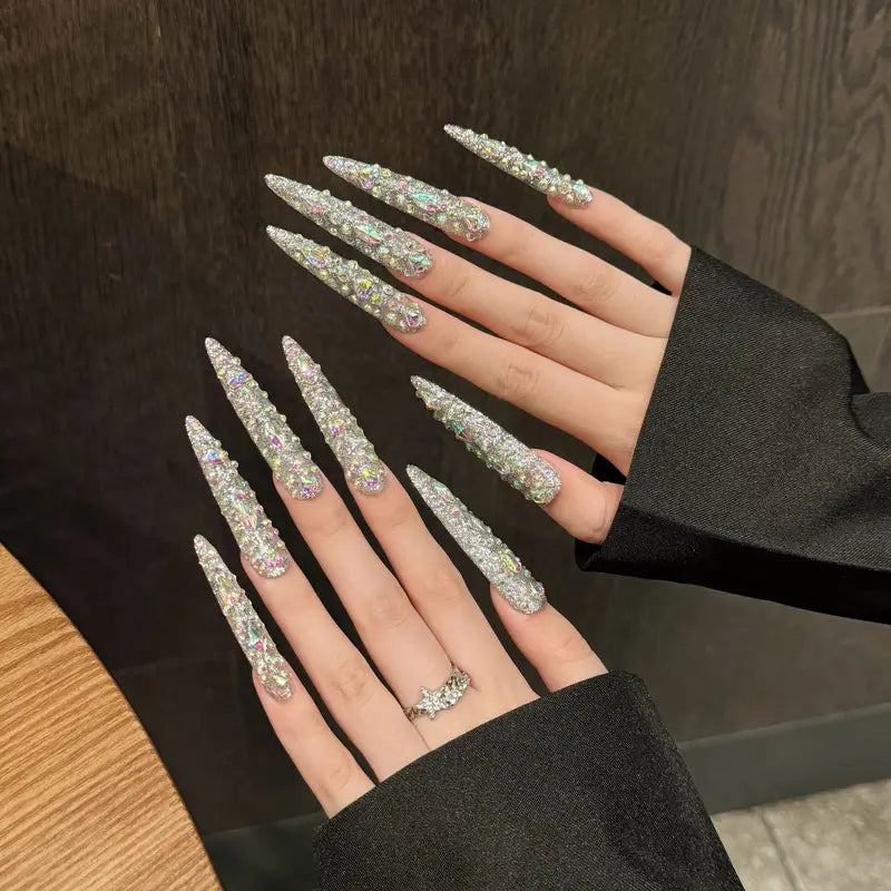 10Pcs Long Stiletto Fake Nail Tips with Diamond Accents - DIY Press On Nails